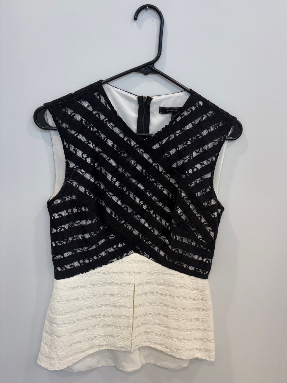BCBGMaxAzria Black and White Lace Peplum Top